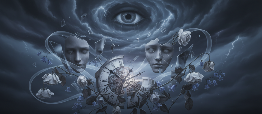 A dramatic representation of the emotional wounds that can hurt a Gemini, depicted in a surreal, artistic style. In the foreground, a broken clock symbolizes missed opportunities, intertwined with delicate, wilting flowers representing love and trust lost. In the middle ground, abstract images of shattered mirrors reflect fragmented faces, embodying the duality of Gemini's personality. The background features a stormy sky with swirling clouds, evoking turmoil and unresolved feelings. Soft, moody lighting illuminates the scene, with a gentle focus highlighting the clock and flowers. The overall atmosphere conveys a sense of melancholy and introspection, capturing the complex emotions that lead to resentment in Gemini individuals.