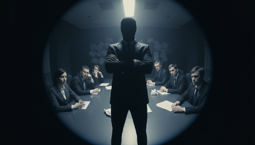 A dramatic scene capturing the concept of "the dark side" in conflict discussions. In the foreground, a shadowy figure representing Scorpio, dressed in professional attire, stands with a stern and defensive posture, arms crossed, exuding an air of manipulation and hidden motives. The middle ground features a dimly lit conference room with a long table, where other figures appear tense and uncertain, illustrating guilt and confusion. The background is shrouded in deep shadows, hinting at unresolved issues and emotional turmoil, with a single overhead light casting stark contrasts on the faces. Use a fisheye lens for an engaging, immersive angle that accentuates the emotional tension in the room. The overall mood is intense and charged, conveying the difficulty of confronting conflict.