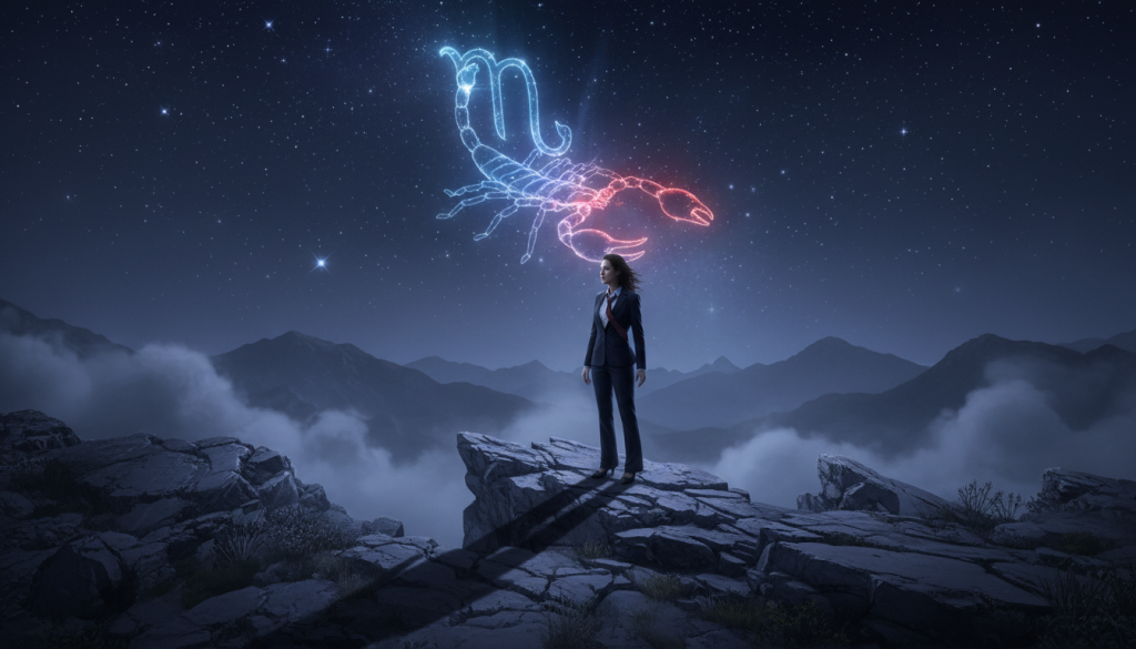 A dramatic scene depicting a Scorpio constellation in a night sky, casting a shadow over a figure standing on a rocky cliff. The figure, a person in professional attire, gazes thoughtfully into the distance, embodying feelings of insecurity and contemplation. The foreground shows intricate details of the cliff's rugged texture under a soft moonlight glow, while the middle ground features the figure framed against the vastness of the sky adorned with shimmering stars. The background reveals a subtle silhouette of distant mountains, shrouded in mist, enhancing the atmosphere of mystery and introspection. The overall mood is intense and reflective, highlighting themes of vulnerability and inner tumult, evoking the emotional landscape of jealousy. A dramatic scene depicting a Scorpio constellation in a night sky, casting a shadow over a figure standing on a rocky cliff. The figure, a person in professional attire, gazes thoughtfully into the distance, embodying feelings of insecurity and contemplation. The foreground shows intricate details of the cliff's rugged texture under a soft moonlight glow, while the middle ground features the figure framed against the vastness of the sky adorned with shimmering stars. The background reveals a subtle silhouette of distant mountains, shrouded in mist, enhancing the atmosphere of mystery and introspection. The overall mood is intense and reflective, highlighting themes of vulnerability and inner tumult, evoking the emotional landscape of jealousy.