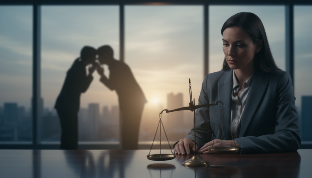 A dramatic scene depicting a person embodying the concept of betrayal, reflecting the astrological sign Libra. In the foreground, a thoughtful individual dressed in professional business attire, with a solemn expression, gazes at a broken scale symbolizing balance, set on a polished wooden desk. In the middle ground, faint shadows of two figures whispering in secrecy, adding to the feeling of deception. The background features a softly lit office with large windows, casting gentle light that highlights the tension in the room. The atmosphere is heavy with emotional weight, suggesting contemplation and unease. The image conveys a sense of betrayal and introspection, focusing on the human experience without any overt visuals of conflict.