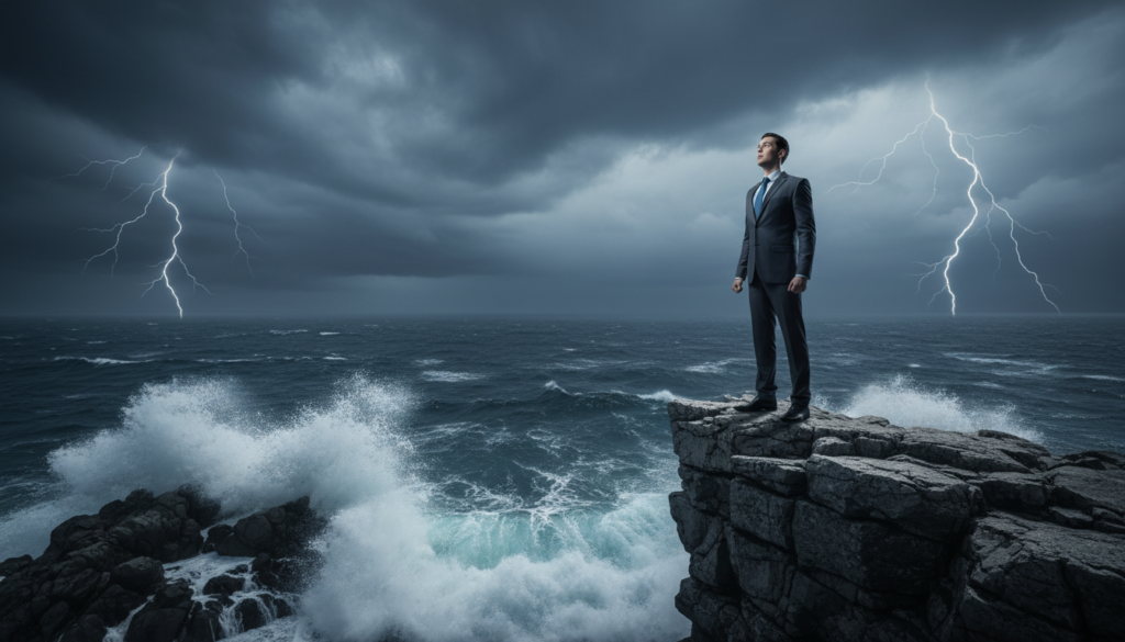 A dramatic scene depicting the concept of "fear of failure." In the foreground, a professional individual in business attire stands at the edge of a precipice, looking out over a vast, stormy ocean, symbolizing uncertainty. Their expression is one of anxiety and contemplation, embodying the internal pressure to succeed. In the middle ground, tumultuous waves crash against jagged rocks, conveying turmoil and the struggle that accompanies high stakes. The background features a dark, overcast sky, with flashes of lightning illuminating the scene, enhancing the atmosphere of tension and urgency. Soft, dim lighting casts shadows, creating a sense of isolation. Capture this moment from a low angle, emphasizing the character's vulnerability against the overwhelming nature around them. The mood should be intense and reflective, with a strong sense of impending challenges.