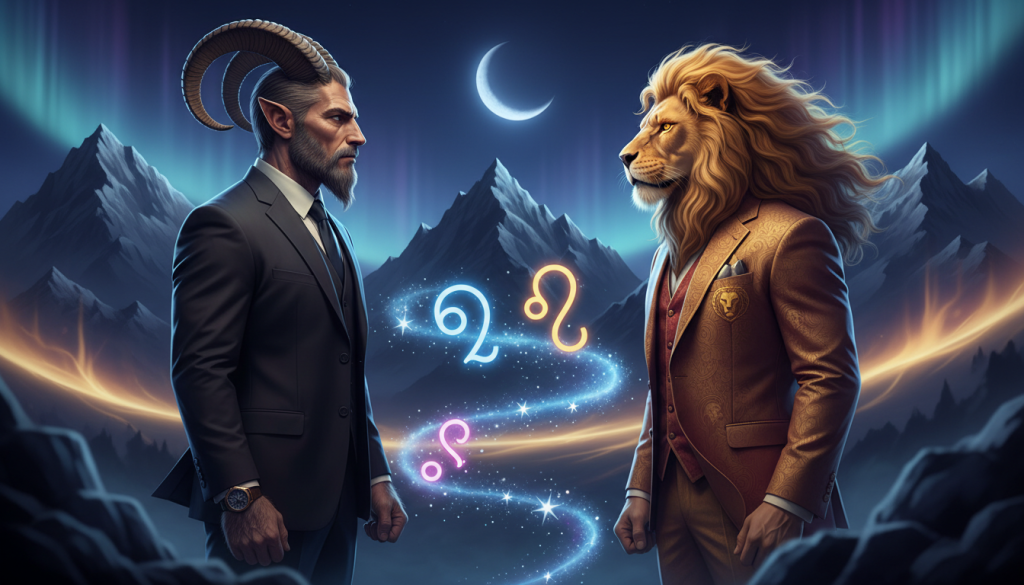 A dramatic scene depicting the dynamic between Capricorn and Leo in a celestial setting. In the foreground, a majestic Capricorn, represented as a mature figure with goat-like features, is standing confidently, dressed in professional attire, exuding determination. Opposite, a regal Leo, characterized by a lion-like presence, radiates warmth and charisma, also in smart clothing. Their expressions reflect intensity and a silent power struggle for dominance. The middle ground showcases a starry night sky, with zodiac symbols intertwined, highlighting their astrological connection. In the background, distant mountains symbolize ambition and challenges, bathed in soft moonlight. The overall mood is tense yet vibrant, capturing the complexity of their interaction under a shimmering, ethereal glow, with a subtle depth of field to draw focus on the two signs.