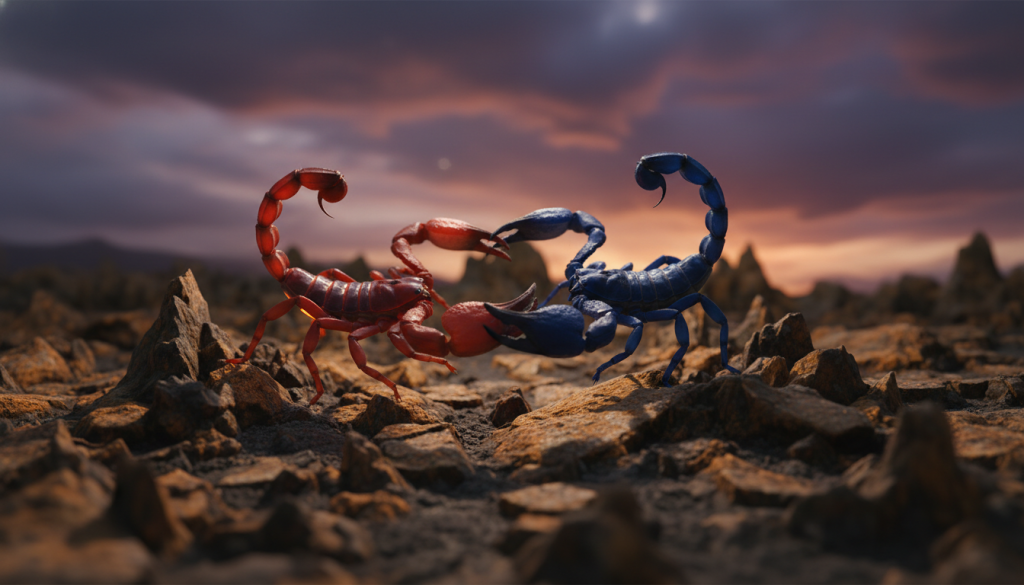 A dramatic scene depicting two intertwined scorpions, symbolizing intense attraction yet destructive potential. In the foreground, one scorpion is vibrant red, while the other is deep midnight blue, their pincers nearly touching, suggesting both connection and conflict. The middle ground features a rocky terrain, representing the challenges in their relationship, with sharp edges and contrasting colors. In the background, a moody twilight sky infused with purple and dark orange hues adds to the tension, creating a sense of impending turmoil. Soft, ethereal lighting casts shadows that enhance the emotional depth of the scene, while a shallow depth of field focuses on the scorpions, blurring the environment slightly. The overall atmosphere is one of magnetic pull and inevitable clash, capturing the essence of complex relationships.
