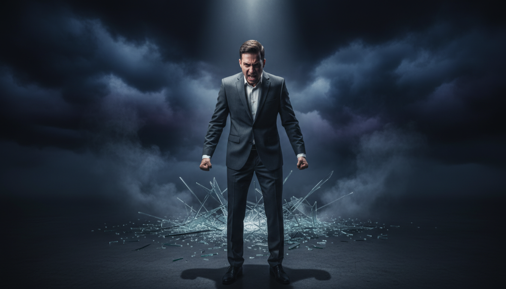 A dramatic scene reflecting Scorpio's reaction to betrayal, highlighting deep emotional turmoil. In the foreground, a figure dressed in professional business attire, with intense facial expressions of pain and anger, showcasing clenched fists and a furrowed brow. The middle ground features shattered glass and dark, shadowy elements representing broken trust, while the background is shrouded in smoky tones, creating a sense of impending vengeance. The lighting is dark and moody, with a single spotlight illuminating the figure to accentuate their emotional state. The atmosphere is heavy and tense, evoking a blend of sorrow and fury. The overall composition focuses on the visceral response to betrayal, encapsulating the essence of Scorpio's emotions without any text or distractions.