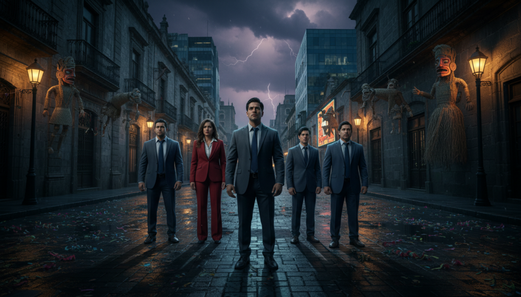 A dramatic scene set in a vibrant Mexican city, capturing the essence of fear-inducing triggers specific to the culture. In the foreground, a group of people dressed in professional business attire, displaying expressions of concern and contemplation, reflect on their surroundings. The middle layer features traditional architecture with a touch of modernity, juxtaposed with ominous shadows and flickering lights that evoke anxiety. The background reveals a stormy sky, hinting at an impending storm, enhancing the atmosphere of tension. The lighting should be moody and low, casting deep shadows that evoke a sense of unease. The composition should be shot with a wide-angle lens to create a sense of depth, drawing viewers into the heart of Mexico's cultural complexities and the fears they ignite.
