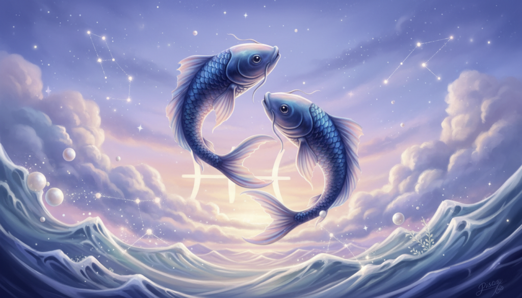 A dreamy and ethereal representation of "Pisces love," featuring two gentle, intertwined fish symbolizing the zodiac sign, surrounded by soft waves and glistening stars. In the foreground, the fish are portrayed with delicate scales that shimmer in various shades of blue and silver, embodying tenderness and passion. In the middle ground, soft pastel clouds float, enhancing the serene atmosphere. The background reveals a twilight sky, painted with soft purples and deep blues, dotted with twinkling stars. The image is illuminated by soft, diffuse lighting that creates a warm and inviting mood, captured from a slightly elevated angle to highlight the harmony between the elements, evoking feelings of love, connection, and a mystical essence that embodies the essence of Pisces.
