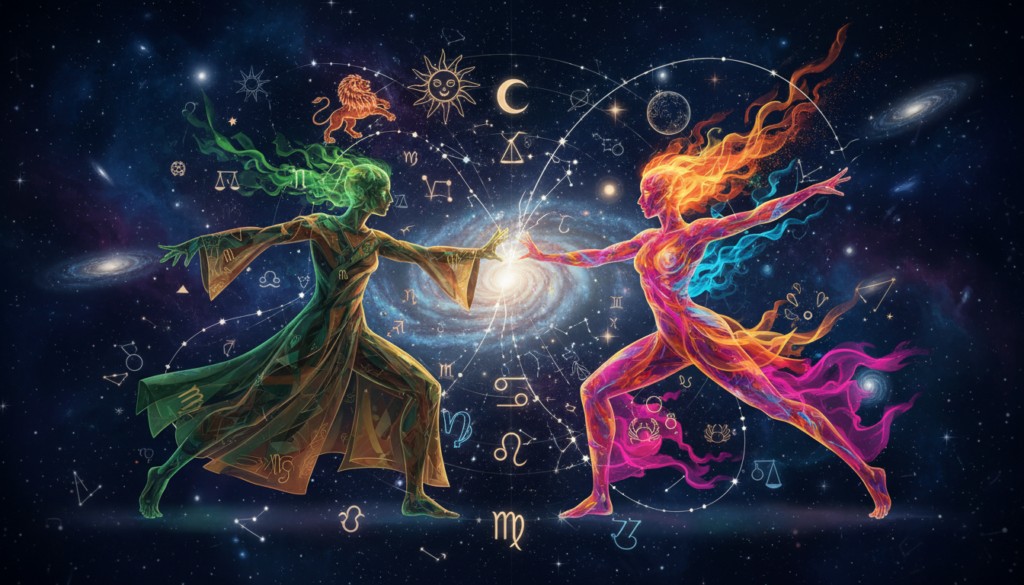A dynamic and abstract representation of "rhythm clashes and spontaneous planning" in an astrological context. In the foreground, two ethereal figures, one representing Virgo with earthy tones and the other embodying a contrasting sign with vibrant colors, engage in a dance of conflict, their movements illustrating a struggle between structure and spontaneity. The middle ground features swirling patterns of stars and zodiac symbols merging into chaotic yet harmonious forms, suggesting friction and interaction. In the background, a cosmic landscape filled with deep blues and purples, twinkling stars, and swirling nebulae creates a mystical atmosphere. Soft, diffused lighting illuminates the scene, emphasizing the duality of the figures while maintaining an overall feeling of tension and intrigue, captured with a wide-angle lens to enhance the depth and complexity of the composition.