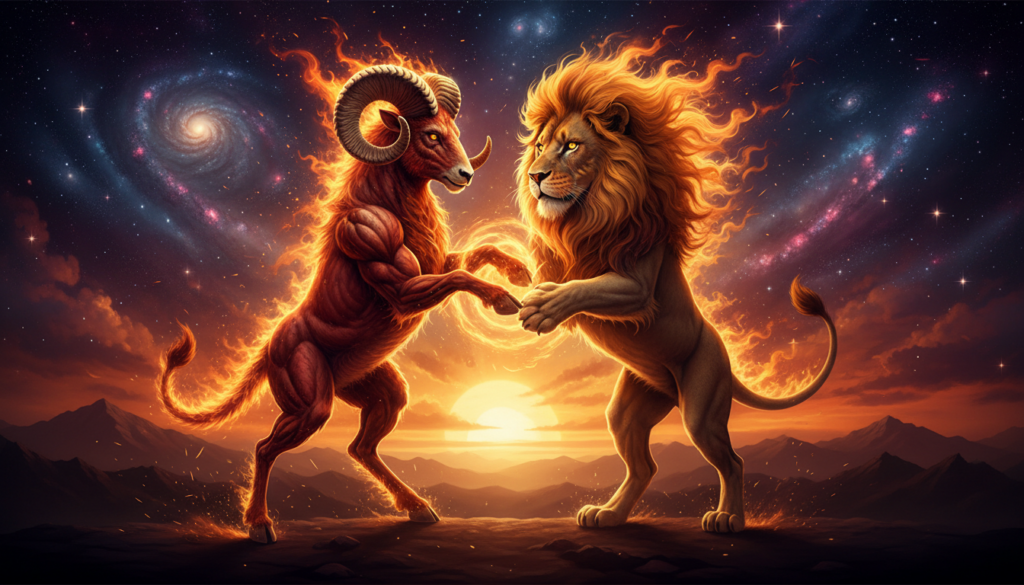 A dynamic and captivating representation of the fire zodiac signs Aries and Leo, featuring a symbolic ram and lion intertwined in an energetic, harmonious dance. In the foreground, the ram with bold horns, fur tinged with fiery red and warm orange hues, embodies strength and passion. The lion, with a luxurious mane of golden flames, exudes regal grace and power. The midground reveals a vibrant, cosmic backdrop of swirling galaxies and stars, illuminating the scene with a warm, golden glow. In the background, soft silhouettes of mountains and a fiery sunset add depth to the atmosphere. The lighting is dramatic, with highlights reflecting off the animals, enhancing their fierce and majestic qualities. The overall mood conveys an exhilarating and passionate connection, perfectly illustrating the fierce compatibility between Aries and Leo.