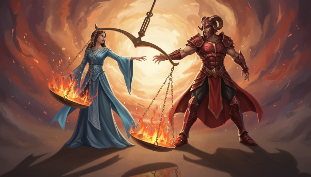 A dynamic and passionate scene depicting the intense connection between Libra and Aries. In the foreground, a symbolic representation of Libra—a set of elegant scales—balanced precariously, surrounded by flickering flames representing passion. The middle layer features the archetypes of Libra, a graceful figure with flowing attire, and Aries, a bold figure clad in vibrant colors, both reaching toward each other with expressions of determination and desire. In the background, an abstract swirl of warm colors symbolizes the fiery energy and conflict, creating an atmosphere of urgency and electricity. Soft, diffused lighting casts dramatic shadows, emphasizing the tension and allure between them. The image portrays an emotional whirlwind, evoking a sense of attraction and clash, without any text or captions.