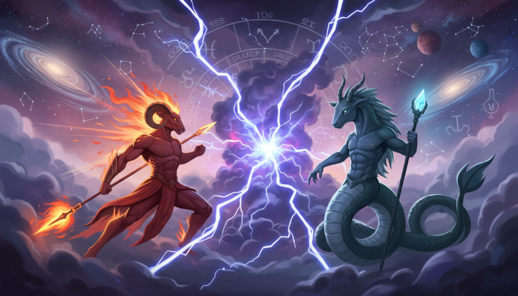 A dynamic and symbolic illustration representing the astrological clashes between Aries and various signs. In the foreground, depict two stylized celestial figures: one fiery Aries symbol with bold reds and oranges, exuding energy and determination, and another sign, either Cancer or Capricorn, depicted in cooler blues and greens, embodying emotional depth or practicality. The middle layer should show abstract representations of conflict, such as swirling clouds or lightning, highlighting the tension between them. In the background, a cosmic landscape filled with stars, planets, and zodiac constellations, softly illuminated by twilight hues, creates an enchanting atmosphere. Use soft focus to enhance contrast and depth, evoking a sense of tumultuous yet mystical interaction between the signs.