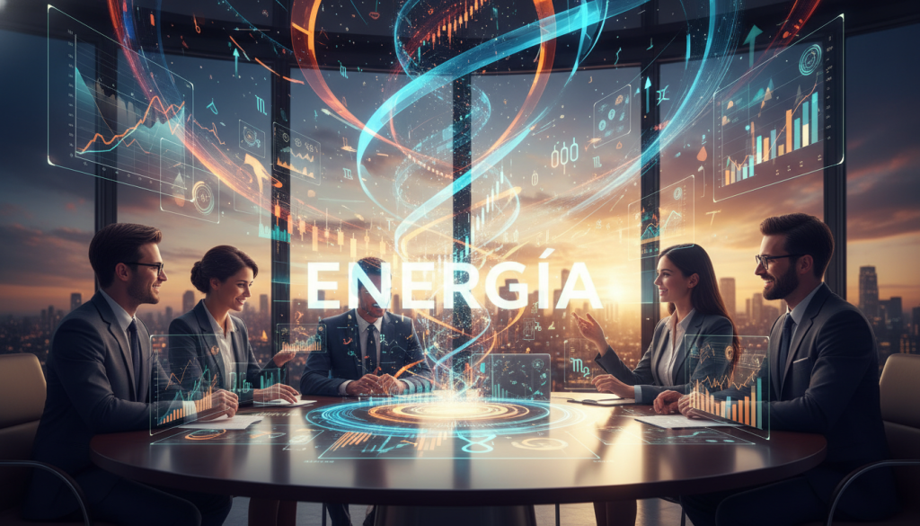 A dynamic and vibrant representation of "energía" in a modern financial context, focusing on Scorpio's spending profile. In the foreground, illustrate a diverse group of individuals in professional attire engaged in discussions around a table filled with colorful charts and graphs. The middle ground should feature abstract representations of energy, such as swirling light patterns and dynamic shapes that symbolize investment and financial growth. In the background, a city skyline at sunset, bathed in warm golden and deep purple hues, conveying ambition and potential. The lighting should be bright and energetic, creating a sense of optimism and focus. The atmosphere should feel dynamic and inspiring, encapsulating the essence of thoughtful investment and the intensity associated with Scorpio's financial decisions. A dynamic and vibrant representation of "energía" in a modern financial context, focusing on Scorpio's spending profile. In the foreground, illustrate a diverse group of individuals in professional attire engaged in discussions around a table filled with colorful charts and graphs. The middle ground should feature abstract representations of energy, such as swirling light patterns and dynamic shapes that symbolize investment and financial growth. In the background, a city skyline at sunset, bathed in warm golden and deep purple hues, conveying ambition and potential. The lighting should be bright and energetic, creating a sense of optimism and focus. The atmosphere should feel dynamic and inspiring, encapsulating the essence of thoughtful investment and the intensity associated with Scorpio's financial decisions.