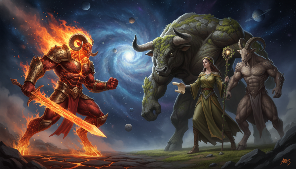 A dynamic and vibrant scene depicting the astrological Aries in battle with the Earth signs: Taurus, Virgo, and Capricorn. In the foreground, Aries is portrayed as a strong and spirited warrior, symbolized by a ram with fiery orange and red colors, expressing passion and energy. The Earth signs are represented as grounded figures: a robust bull for Taurus, a meticulous maiden for Virgo, and a determined goat for Capricorn, all in earthy tones of green, brown, and gray, showing their stability and control. In the middle ground, a cosmic backdrop filled with swirling stars and planets evokes an intimate yet competitive atmosphere, suggesting a clash of passionate impulsiveness against measured technique. Use soft yet dramatic lighting, creating shadows that enhance the figures' features and expressions. Capture a slightly low-angle perspective to emphasize the confrontation, making the scene feel alive and engaging.