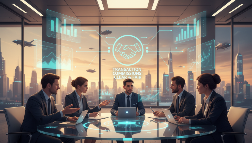 A dynamic digital illustration depicting the concept of transaction commissions between users within a financial ecosystem. In the foreground, a diverse group of professional individuals engaged in discussions around a sleek modern table strewn with financial documents and digital devices, showcasing their collaborative efforts. In the middle, graphs and charts displaying fluctuating transaction costs and commissions hover in the air, illuminated by soft ambient light. The background features a high-tech office space with large windows that show a bustling city skyline, symbolizing the complex flow of money. The overall atmosphere should feel innovative and professional, emphasizing clarity and transparency in financial interactions, with a focus on collaboration and modern technology. Bright yet warm lighting enhances the scene, evoking a sense of security and growth.