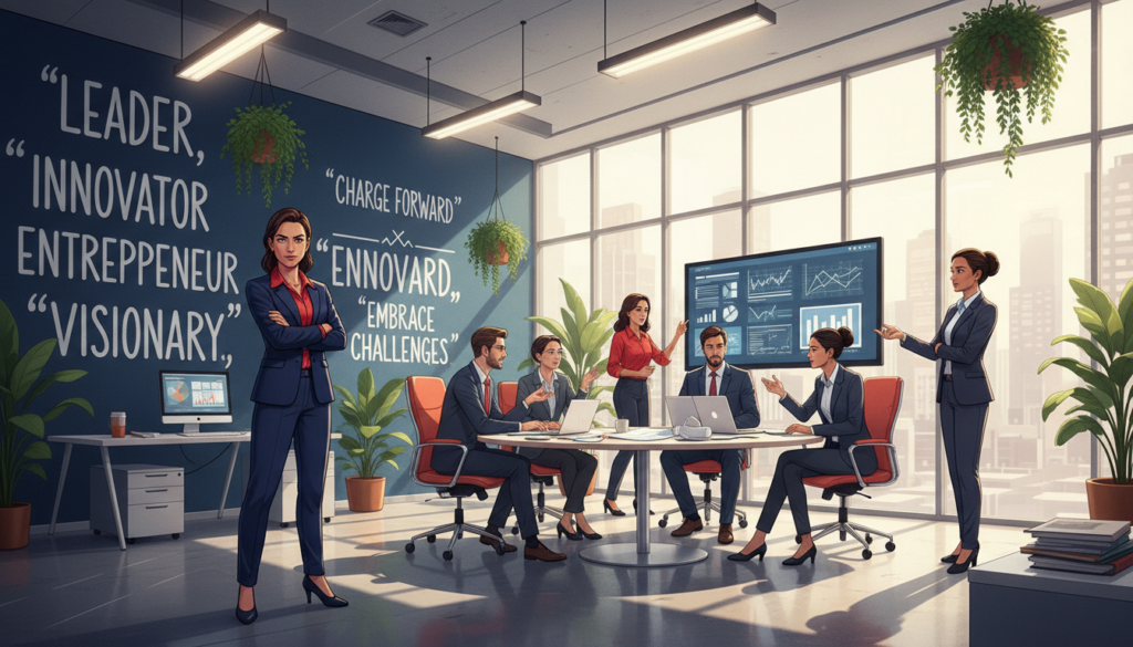 A dynamic illustration depicting the professional strengths and recommended roles for Aries individuals, showcasing a diverse group of confident, ambitious professionals engaged in vibrant work environments. In the foreground, a strong, determined Aries figure in smart business attire stands resolutely, surrounded by colleagues brainstorming at a round table filled with documents and laptops. The middle ground features a modern office with large windows allowing natural light to flood the space, creating a bright and energetic atmosphere. In the background, inspirational quotes on the walls and plants add a touch of greenery. The overall mood is one of motivation and collaboration, captured using a wide-angle lens to emphasize the camaraderie and professionalism of Aries in action. The lighting is bright, emphasizing clarity and focus.