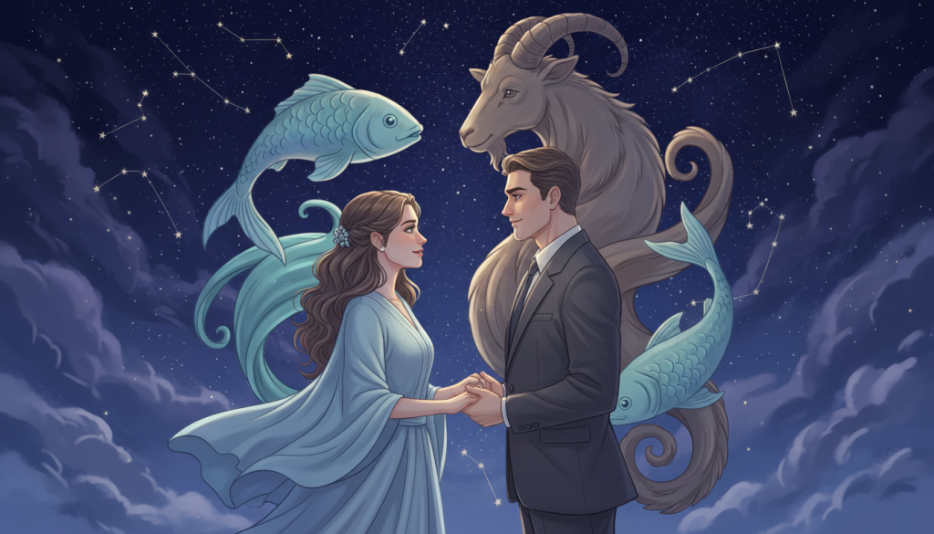 A dynamic illustration of a Pisces and Capricorn couple engaging in an intimate yet respectful conversation under a starry night sky, symbolizing their astrological rivalry and compatibility. In the foreground, depict the couple: the Pisces, with flowing, soft features and dressed in a flowing light blue outfit, representing creativity and sensitivity; and the Capricorn, with strong, grounded features in professional business attire, exuding confidence and ambition. The middle ground showcases abstract representations of the Pisces fish and Capricorn goat swirling around them, blending harmoniously. The background features a night sky filled with shimmering stars and subtle zodiac symbols, creating an ethereal and romantic atmosphere. Use soft, diffused lighting to enhance the mood, aiming for a warm, inviting feel, captured from a slightly elevated angle that emphasizes the couple's connection while highlighting the celestial backdrop.