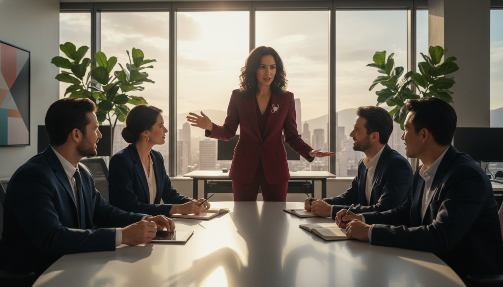 A dynamic office environment featuring a confident Scorpio professional leading a team meeting. In the foreground, show a diverse group of businesspeople seated around a sleek conference table, engaged in a discussion, with the Scorpio individual dramatically gesturing, conveying strong leadership. The middle ground includes a large window with a city skyline, symbolizing ambition and perspective. The background is filled with modern office decor, like abstract art and plants, creating an inspiring atmosphere. Use warm, natural lighting to enhance the mood, highlighting the professional attire of all individuals, and capture the scene from a slightly low angle for a more empowering perspective. Focus on expressions of determination and collaboration, emphasizing the Scorpio traits of focus and investigative nature. A dynamic office environment featuring a confident Scorpio professional leading a team meeting. In the foreground, show a diverse group of businesspeople seated around a sleek conference table, engaged in a discussion, with the Scorpio individual dramatically gesturing, conveying strong leadership. The middle ground includes a large window with a city skyline, symbolizing ambition and perspective. The background is filled with modern office decor, like abstract art and plants, creating an inspiring atmosphere. Use warm, natural lighting to enhance the mood, highlighting the professional attire of all individuals, and capture the scene from a slightly low angle for a more empowering perspective. Focus on expressions of determination and collaboration, emphasizing the Scorpio traits of focus and investigative nature.