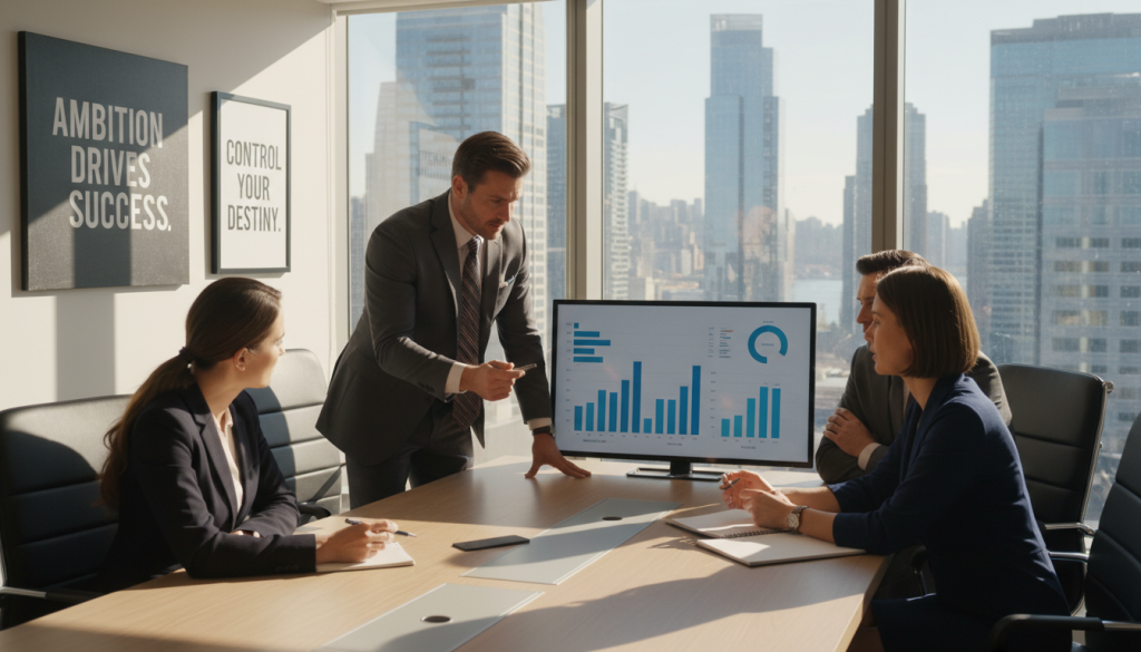 A dynamic office environment featuring a group of four professionals engaged in a heated discussion over a conference table. The foreground shows two individuals, a determined Capricorn man in a tailored suit, assertively presenting his ideas with charts and data in front of him, and a focused Capricorn woman in a smart business dress, attentively listening and taking notes. In the middle, a large window lets in natural sunlight, illuminating the room with a warm glow, creating an atmosphere of intensity and clarity. The background shows modern office decor with motivational quotes and a cityscape view. The overall mood is one of ambition and strategic negotiation, highlighting themes of power and control in a work setting.