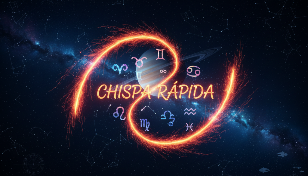 A dynamic portrayal of a vibrant spark symbolizing "chispa rápida," set against a cosmic background inspired by astrological themes. In the foreground, a brilliant burst of fiery reds and oranges represents the intense passion and adventure of quick connections. In the middle, the spark morphs into abstract shapes resembling zodiac symbols, subtly intertwined to reflect compatibility. The background features a starlit sky dotted with shimmering stars, illuminating the scene with a mystical glow. The atmosphere is charged with energy, evoking excitement and potential pitfalls of sudden relationships. Soft diffuse lighting enhances the warmth, and the image captures a sense of movement, suggesting a lively dance of compatibility and challenges among the zodiac signs. Use a wide-angle lens for a dramatic effect.
