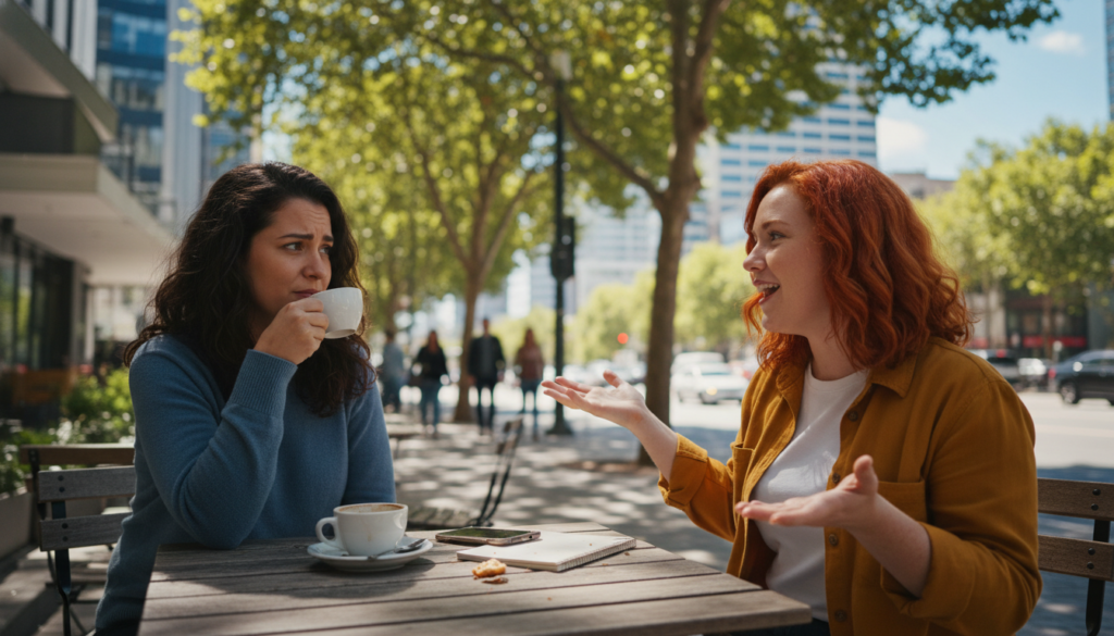 A dynamic scene capturing the essence of friendship challenges faced with Aries friends. In the foreground, two friends are seated at a cafe table, each displaying expressive body language, with one friend looking animated while discussing an idea, and the other appearing contemplative, showcasing a blend of enthusiasm and introspection. The middle ground features warm sunlight filtering through trees, illuminating the scene and casting soft shadows, suggesting a relaxed atmosphere. In the background, hints of a bustling city life convey the notion of social interactions. The color palette is vibrant yet balanced, promoting a sense of energy and warmth. The overall mood should be friendly and engaging, evoking the complexities and joys of relationships with Aries individuals, without any distractions or text elements.