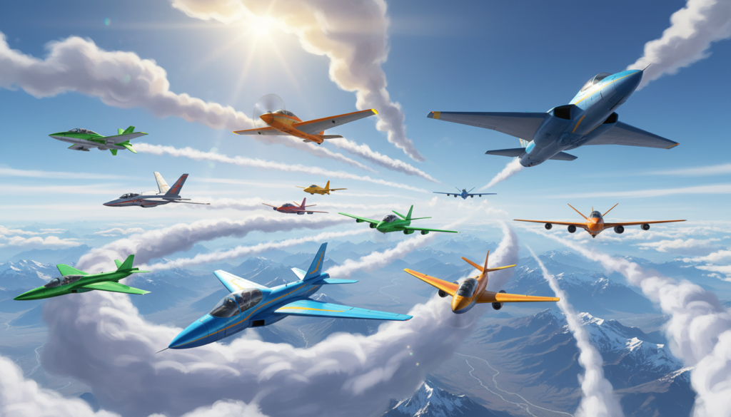 A dynamic scene capturing the essence of "planes" in a vibrant, adventurous atmosphere. In the foreground, several diverse, modern airplanes are depicted soaring through a clear blue sky, showcasing their sleek designs and vibrant colors. In the middle ground, playful clouds interact with the planes, their shapes suggestive of unpredictable moods and spontaneity. The background features a distant landscape of mountains and valleys, symbolizing adventure and exploration. The lighting is bright and uplifting, with sunbeams highlighting the planes, creating an optimistic yet dynamic feel. Capture the scene from a low angle, emphasizing the soaring nature of the aircraft, and evoking a sense of excitement and possibility in the viewer.