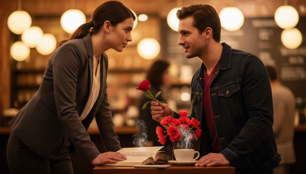 A dynamic scene depicting the contrasting attraction between Virgo and Aries, set in a serene yet vibrant coffee shop. In the foreground, a Virgo figure, a woman in a modest, professional outfit, expresses calm and thoughtfulness, while an Aries figure, a man in a smart casual look, exudes confidence and eagerness. The two characters are leaning toward each other at a table, their eyes locked in an intense gaze, highlighting their connection. In the middle, elements like a steaming cup of coffee and an open book symbolize Virgo's grounded nature, while bright red flowers on the table represent Aries' fiery energy. The background showcases warm lighting with soft bokeh effects, creating an inviting atmosphere that emphasizes the tension between desire and security. Use a slightly low angle to capture their expressions, enhancing the emotional depth of the interaction.