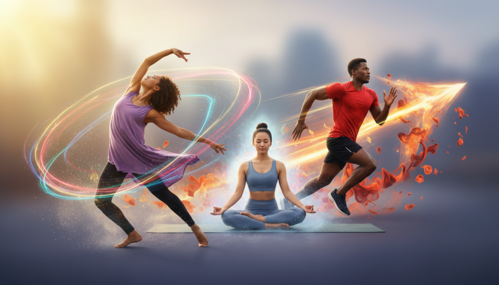 A dynamic scene illustrating the concept of "energy" in motion, featuring a diverse group of three individuals in modest athletic clothing engaged in activities like dancing, yoga, and running. In the foreground, a woman in a fluid dance pose emanates vibrant energy, surrounded by colorful light trails symbolizing stress release. The middle ground showcases a serene figure practicing yoga, emphasizing calmness amid the turmoil, while a runner energetically pushes through, embodying the drive to overcome challenges. The background includes blurred abstract shapes and soft gradients of color that evoke a sense of movement and transformation. Natural lighting filters through, casting warm, uplifting tones, creating a mood of empowerment and vitality, with a focus on the physical expression of well-being and emotional release.