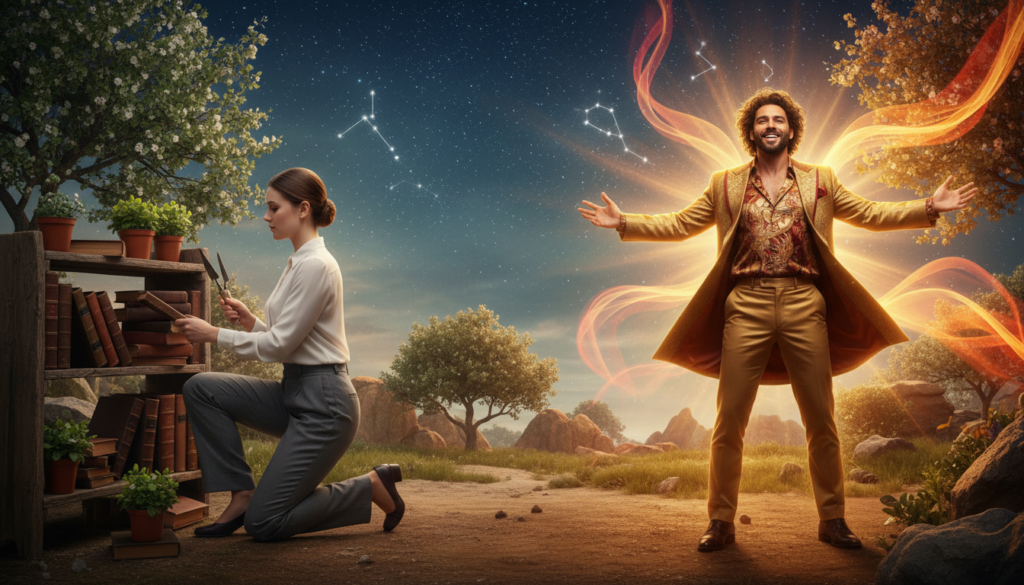 A dynamic scene illustrating the contrast between Virgo and Leo. In the foreground, depict Virgo as a diligent figure, meticulously organizing books and plants, dressed in modest, professional attire, exuding calm and precision. In contrast, Leo stands tall and radiant, adorned in vibrant, eye-catching clothing, confidently posing with a captivating smile, surrounded by golden light to symbolize recognition and charisma. In the middle ground, create a harmonious blend of earthy tones representing Virgo's grounded nature alongside bright, fiery hues reflecting Leo's energetic spirit. The background should feature a celestial sky with stars, subtly symbolizing their astrological influence, enhancing the mood of competition and balance. Use soft, diffused lighting to create an inviting atmosphere, focusing on the tension between modesty and brilliance. Capture the scene from a slightly elevated angle to highlight both characters effectively.