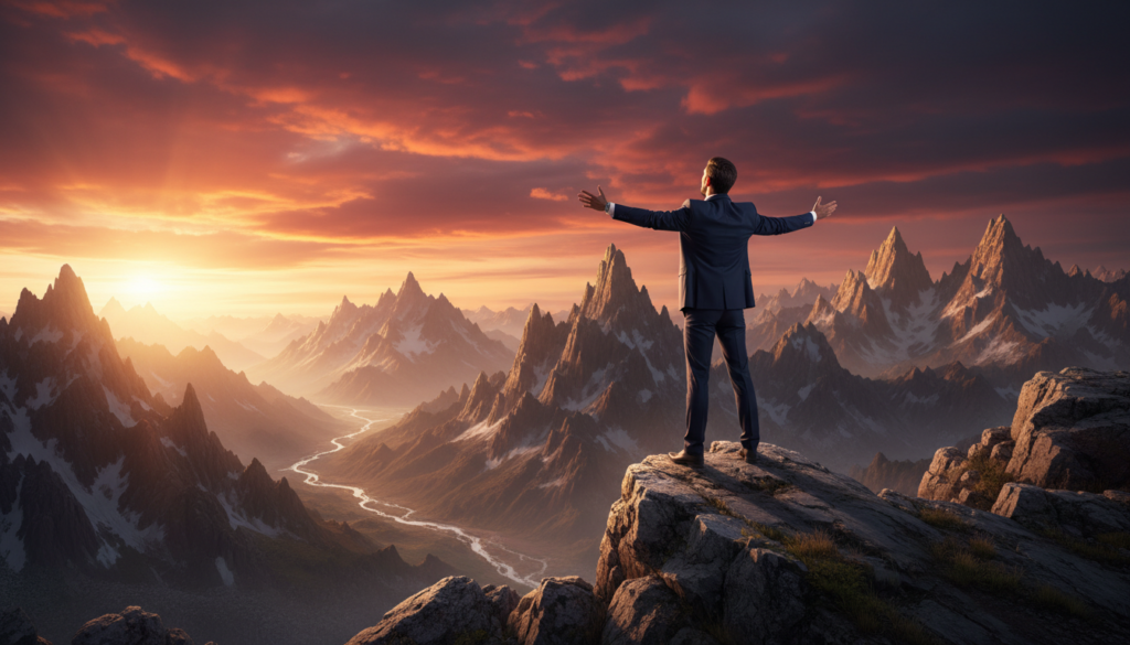 A dynamic scene representing "ambición fuego," featuring a determined individual in a professional business suit, standing confidently atop a mountain peak at sunset. In the foreground, the person gazes triumphantly over a vast landscape, symbolizing ambition and competition. The middle ground showcases rugged cliffs and a vibrant sky ablaze with orange, red, and purple hues, evoking a sense of passion and drive. The background includes distant mountains under a shimmering golden light, suggesting far-reaching goals and aspirations. The composition is shot from a slightly low angle to emphasize the subject's stature and the drama of the scene. Soft rays of sunlight illuminate the figure, creating an inspiring and motivational atmosphere, highlighting the essence of ambition in a professional context.