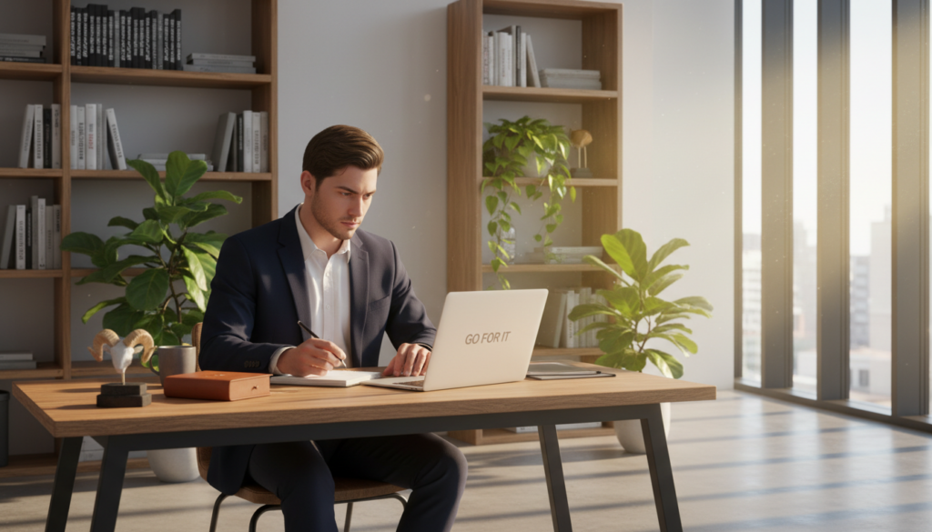 A focused Aries individual seated at a modern desk in a bright, airy office, exuding a sense of determination and motivation. The foreground features a confident young professional in a well-fitted navy blue blazer and crisp white shirt, intently looking at a laptop as they jot down notes. In the middle background, bookshelves filled with motivational literature and potted plants add a touch of inspiration, while warm sunlight streams through large windows, creating a vibrant atmosphere. Soft shadows enhance the ambiance, conveying a sense of productivity and focus. The overall mood is energetic yet balanced, illustrating the theme of maintaining motivation without succumbing to impulsivity.