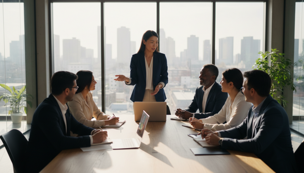 A focused, professional office environment featuring a diverse group of individuals in smart business attire, collaborating around a large table. In the foreground, a mid-30s Asian female, confidently presenting ideas with an open laptop in front of her, her colleagues engaged and nodding in approval. In the middle ground, a diverse group—including a middle-aged Black male and a young Hispanic female—are taking notes, displaying expressions of motivation and recognition. The background reveals a bright, modern office with large windows allowing natural light to flood the space, enhancing the atmosphere of teamwork and productivity. Soft shadows add depth, conveying a sense of importance and utility in their work. The overall mood is uplifting and inspiring, highlighting the value of feeling useful and recognized in the workplace. A focused, professional office environment featuring a diverse group of individuals in smart business attire, collaborating around a large table. In the foreground, a mid-30s Asian female, confidently presenting ideas with an open laptop in front of her, her colleagues engaged and nodding in approval. In the middle ground, a diverse group—including a middle-aged Black male and a young Hispanic female—are taking notes, displaying expressions of motivation and recognition. The background reveals a bright, modern office with large windows allowing natural light to flood the space, enhancing the atmosphere of teamwork and productivity. Soft shadows add depth, conveying a sense of importance and utility in their work. The overall mood is uplifting and inspiring, highlighting the value of feeling useful and recognized in the workplace.
