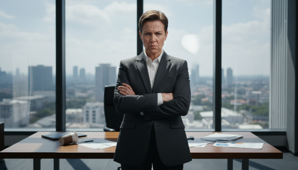 A frustrated individual stands in a brightly lit, modern office environment, displaying vivid body language that reflects anger and intensity. The foreground features a middle-aged person with short, sharp features, wearing a tailored dark suit, with furrowed brows and pursed lips. Their arms are crossed, and they have a tense posture, accentuating their emotional state. In the middle ground, a sleek, wooden desk with scattered papers adds to the chaotic atmosphere. The background shows a large window with the city skyline, suggesting a busy urban setting. The overall lighting is stark and high-contrast, casting dramatic shadows that enhance the mood of confrontation and tension. This image captures the essence of dealing with a Leo's fiery temperament in a professional context. A frustrated individual stands in a brightly lit, modern office environment, displaying vivid body language that reflects anger and intensity. The foreground features a middle-aged person with short, sharp features, wearing a tailored dark suit, with furrowed brows and pursed lips. Their arms are crossed, and they have a tense posture, accentuating their emotional state. In the middle ground, a sleek, wooden desk with scattered papers adds to the chaotic atmosphere. The background shows a large window with the city skyline, suggesting a busy urban setting. The overall lighting is stark and high-contrast, casting dramatic shadows that enhance the mood of confrontation and tension. This image captures the essence of dealing with a Leo's fiery temperament in a professional context.