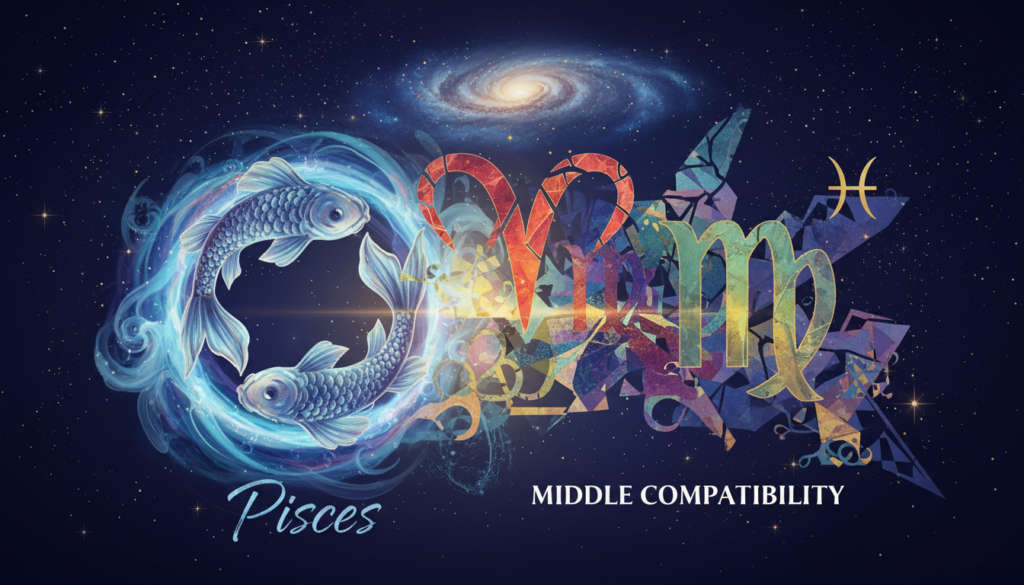 A harmonious and contrasting scene depicting the astrological signs of Pisces and their middle compatibility with other signs. In the foreground, show symbolic representations of Pisces—a pair of graceful fish intertwined, surrounded by soft blue waves, suggesting flow and emotion. In the middle, incorporate abstract representations of other zodiac symbols like Aries and Virgo, depicted in a way that suggests attraction yet tension, perhaps overlapping with jagged edges or vibrant colors to illustrate friction. The background should feature a tranquil night sky studded with twinkling stars, reflecting a dreamy yet complex atmosphere. Use soft lighting with a gentle glow that enhances the emotional tone, capturing both attraction and challenge in relationships, evoking a sense of mystique and depth.