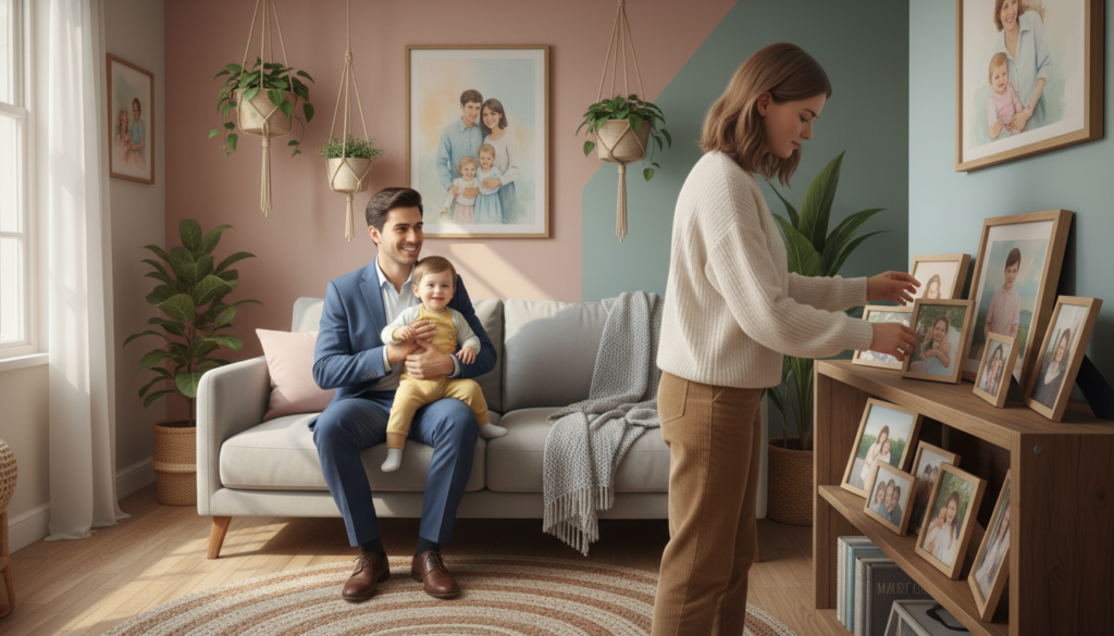 A harmonious and cozy living room that symbolizes the compatibility of Virgo and Cancer. In the foreground, a warm, inviting scene shows a Virgo individual, depicted as a thoughtful young woman in modest casual clothing, organizing family photos on a shelf. In the middle, a Cancer individual, illustrated as a caring young man in professional business attire, is gently holding a small child, embodying themes of care and family. The background features soft, pastel-colored walls adorned with plants and family portraits, contributing to a nurturing atmosphere. Soft, natural light filters in through a window, adding warmth to the scene. The mood is peaceful and familial, reflecting security and emotional connection.