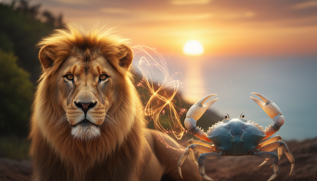 A harmonious and emotional visualization of "amor," depicting the contrast between Leo's fiery spirit and Cancer's protective heart. In the foreground, a glowing golden lion with a regal mane gazes intently, embodying strength and independence. Beside it, a gentle, soft-shelled crab represents comfort and nurturing, its claws open to symbolize vulnerability. The middle ground features a delicate interplay of warm light, suggesting a cozy, intimate bond yet hinting at tension. The background showcases a sunset setting, where the sun dips below a horizon filled with lush greenery and a serene ocean, emphasizing the theme of freedom versus home. The atmosphere is enchanting and reflective, capturing both the warmth of love and the complexities of their relationship. Use soft focus and warm color tones to enhance the emotional depth.