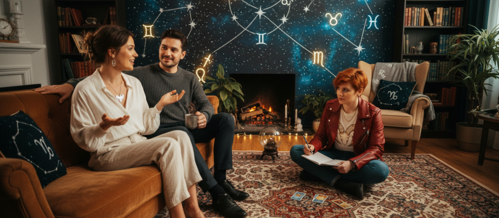 A harmonious and intimate scene depicting the astrological compatibility of Gemini, Capricorn, and Aries set in a cozy, warmly lit room. In the foreground, a stylish couple representing Gemini and Capricorn sit closely on an elegant sofa, sharing an engaging conversation, their expressions filled with curiosity and warmth. The Gemini character features airy, light clothing, while the Capricorn wears a smart, casual outfit, reflecting their grounded nature. In the middle ground, decorative astrological symbols subtly blend with plush cushions and ambient lighting, enhancing the connection theme. The background reveals a celestial-themed mural with twinkling stars and zodiac symbols, creating a dreamy atmosphere. The overall mood is inviting and intimate, celebrating connection and passion. The scene is captured from a slightly elevated angle, creating depth and inviting viewers into their charming world.