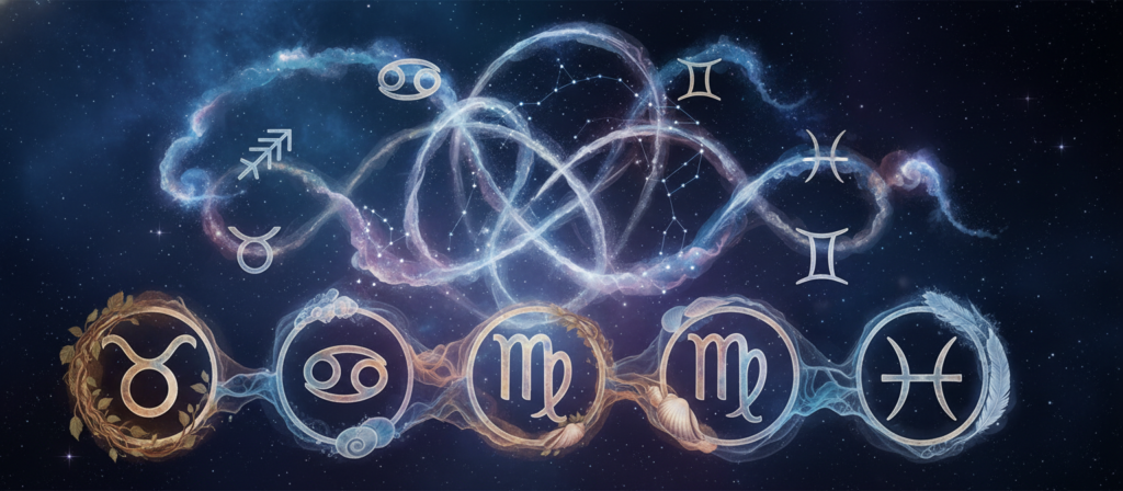 A harmonious and intricate zodiac-themed composition, featuring symbolic representations of Taurus, Cancer, Virgo, Scorpio, Pisces, and Gemini, all interwoven together. In the foreground, display elegant astrological symbols and constellations of these signs, delicately surrounded by aspects representing their elements: earth, water, and air. In the middle, incorporate abstract visuals of intertwining paths and stars that symbolize relationships requiring effort, creating a visual connection between the signs. The background should illustrate a dreamy cosmos with deep blues and purples, enhancing the mystical atmosphere. Soft, ethereal lighting illuminates the symbols, casting gentle shadows. The overall mood is introspective and contemplative, inviting viewers to ponder the complexities of compatibility in relationships. A harmonious and intricate zodiac-themed composition, featuring symbolic representations of Taurus, Cancer, Virgo, Scorpio, Pisces, and Gemini, all interwoven together. In the foreground, display elegant astrological symbols and constellations of these signs, delicately surrounded by aspects representing their elements: earth, water, and air. In the middle, incorporate abstract visuals of intertwining paths and stars that symbolize relationships requiring effort, creating a visual connection between the signs. The background should illustrate a dreamy cosmos with deep blues and purples, enhancing the mystical atmosphere. Soft, ethereal lighting illuminates the symbols, casting gentle shadows. The overall mood is introspective and contemplative, inviting viewers to ponder the complexities of compatibility in relationships.