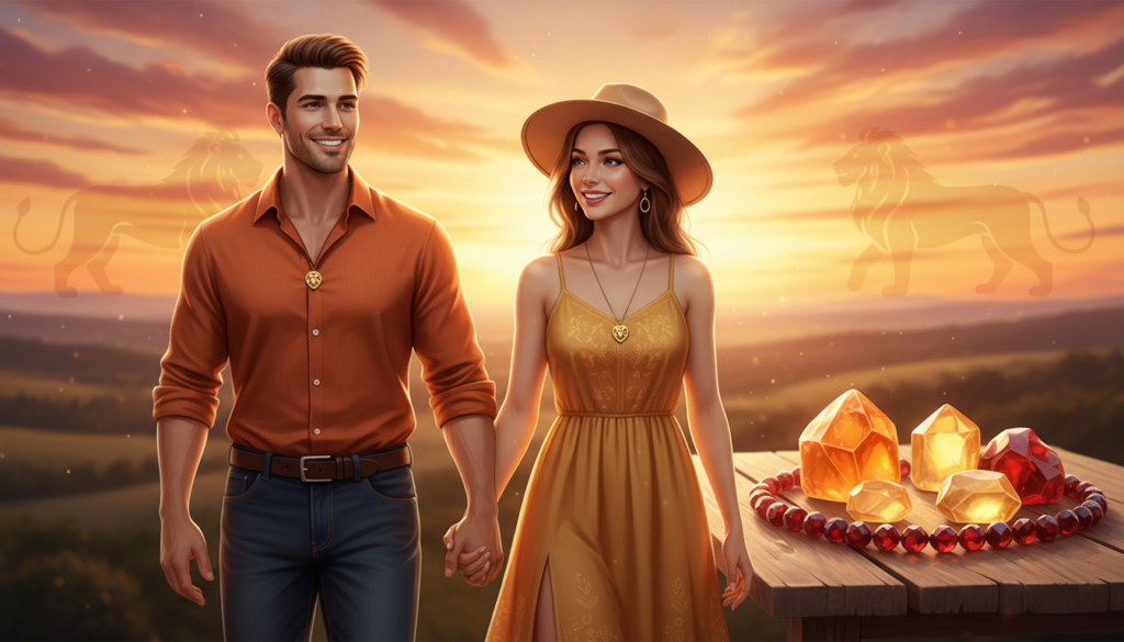 A harmonious and vibrant depiction of two individuals representing Leo soulmates, embodying the passionate and energetic essence of this zodiac sign. In the foreground, a couple stands close together, radiating warmth and connection, dressed in stylish, modest casual attire that reflects their unique personalities. The male figure has a confident, cheerful demeanor, while the female figure exudes grace and strength. In the middle ground, showcase beautifully arranged crystals and stones known for their energizing properties: vibrant orange citrine, deep red garnet, and luminous yellow topaz, all surrounded by soft, glowing light. The background features a serene sunset sky with golden hues that enhance the romantic atmosphere, creating a magical, dreamlike setting that evokes feelings of passion and balance. The overall mood is warm, inviting, and inspiring. A harmonious and vibrant depiction of two individuals representing Leo soulmates, embodying the passionate and energetic essence of this zodiac sign. In the foreground, a couple stands close together, radiating warmth and connection, dressed in stylish, modest casual attire that reflects their unique personalities. The male figure has a confident, cheerful demeanor, while the female figure exudes grace and strength. In the middle ground, showcase beautifully arranged crystals and stones known for their energizing properties: vibrant orange citrine, deep red garnet, and luminous yellow topaz, all surrounded by soft, glowing light. The background features a serene sunset sky with golden hues that enhance the romantic atmosphere, creating a magical, dreamlike setting that evokes feelings of passion and balance. The overall mood is warm, inviting, and inspiring.