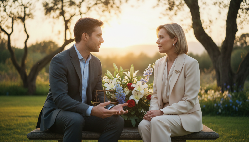 A harmonious couple engaged in a deep conversation in a serene garden setting, symbolizing the connection between Libra and Aries. The scene is set in the foreground with the couple, a man and a woman, both in professional business attire, reflecting a cordial and intellectual exchange. In the middle, lush greenery and blooming flowers create an inviting atmosphere, subtly emphasizing balance and growth. The background features a gentle sunrise, casting a warm golden light that enhances the emotional warmth of the scene. The image is captured using a soft-focus lens, providing a dreamlike quality while emphasizing the couple's expressions, evoking a sense of partnership and learning. The mood is tranquil yet inspiring, celebrating the essence of love and mutual understanding.