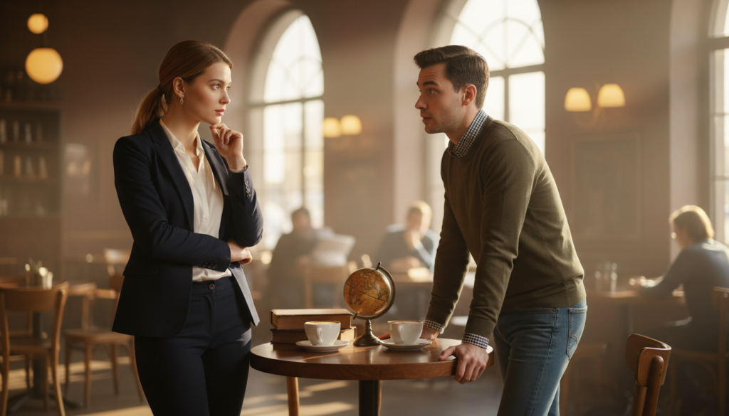A harmonious couple engaged in a thoughtful conversation, standing in a cozy, inviting café. The foreground features a Libra woman, dressed in professional business attire, with a thoughtful expression, showcasing her air of sociability and charm. Next to her, a Gemini man, in a stylish yet informal outfit, listens intently, his face reflecting curiosity and openness to new ideas. In the middle ground, a beautifully arranged table with coffee cups and books symbolizes their intellectual connection. The background captures a warm, softly lit café atmosphere, with gentle sunlight filtering through the windows, adding a welcoming glow. The mood is intimate and reflective, emphasizing the balance between social validation and the need for variety in their relationship.
