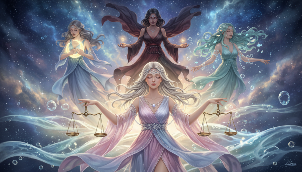 A harmonious depiction of Libra in the foreground, represented by a graceful figure balancing scales, set against a celestial backdrop. The figure wears elegant, flowing garments in soft pastel shades resembling a Libra's serene nature. In the middle ground, three ethereal water signs—Cancer, Scorpio, and Pisces—float gracefully in the cosmos, each personified as tasteful, modestly dressed figures reflecting their distinctive traits; Cancer as nurturing, Scorpio as enigmatic, and Pisces as dreamy. The background features a starry night sky with gentle waves of water beneath them, suggesting emotional depth and intimacy. The lighting is soft and warm, creating an inviting atmosphere that conveys passion, connection, and compatibility, all captured through a slightly elevated angle to provide depth.