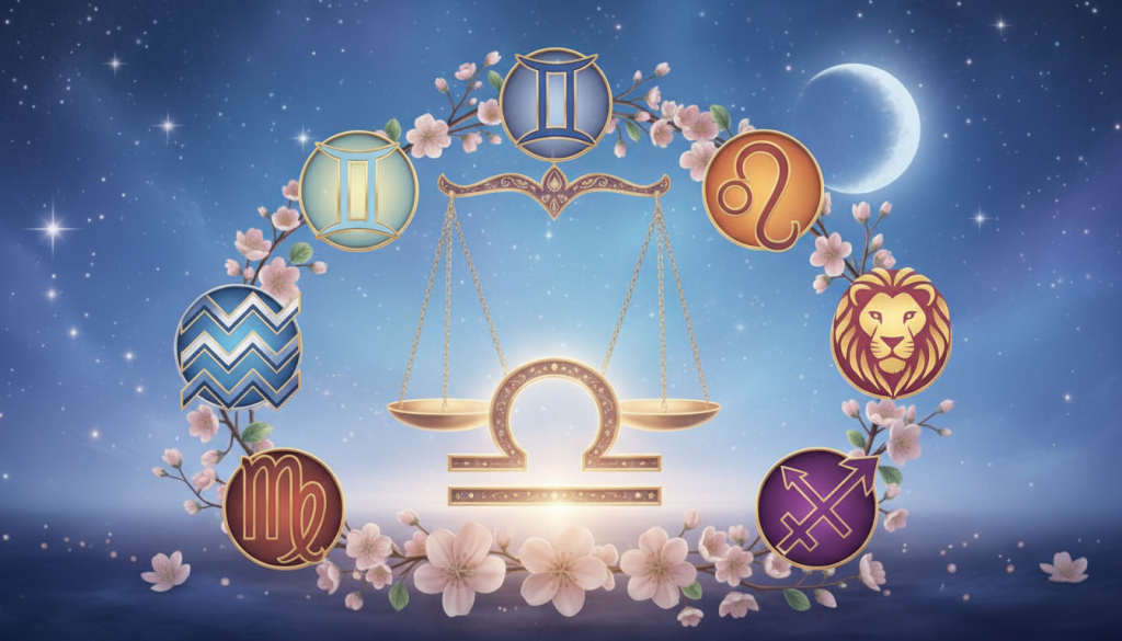 A harmonious gathering of astrological symbols representing Libra and its compatible signs, beautifully illustrated in an ethereal setting. In the foreground, a large, ornate Libra symbol adorned with delicate scales, exuding a soft, golden glow. Surrounding it, symbols of compatible signs—Gemini, Aquarius, Leo, and Sagittarius—intertwined with floral elements, each symbol vividly colored. In the middle ground, a serene celestial background featuring twinkling stars and a gentle crescent moon casts a serene blue and purple twilight. The lighting is soft and inviting, enhancing the cozy atmosphere. The overall mood is one of balance and unity, inviting viewers to explore the idea of compatibility in marriage for Libra. The composition should be elegant and enchanting, focusing on the beauty of astrological connections without any text or overlays.