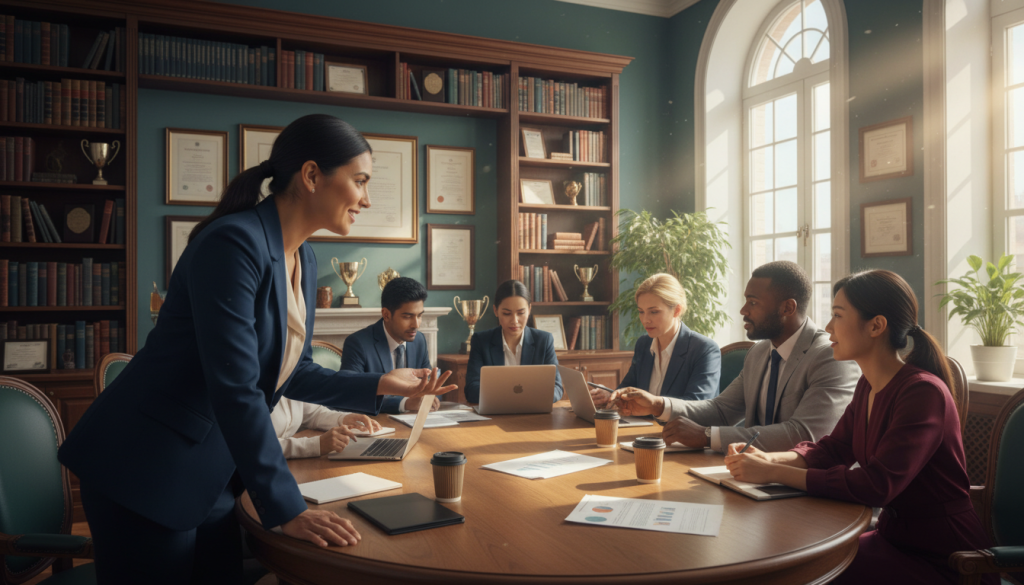 A harmonious office space featuring a diverse group of professionals collaborating on a project, symbolizing diplomacy and teamwork. In the foreground, a confident, well-dressed woman of Latin descent shares ideas with her colleagues, who are depicted in professional attire. The middle section showcases a large round table adorned with documents and digital devices, representing open communication and collaboration. In the background, shelves filled with books and awards highlight a successful work environment. Soft, natural light filters in through large windows, creating a warm and inviting atmosphere. The overall mood is one of cooperation, strategy, and mutual respect, embodying the strengths of Libra in the workplace. Shot with a slightly elevated angle for a comprehensive view of the collaborative scene.