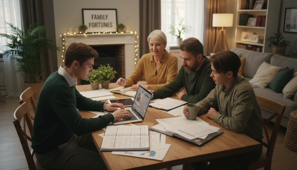 A harmonious scene depicting a Capricorn individual, embodying traits of responsibility and practicality, thoughtfully managing finances in a cozy family setting. In the foreground, a young professional in smart casual attire is analyzing financial documents and a laptop, while seated at a dining table surrounded by supportive family members, showcasing an atmosphere of warmth and collaboration. In the middle ground, family members are engaged in discussion, emphasizing the theme of financial planning and investment strategies, symbolizing support and love in financial matters. The background features soft, warm lighting and gentle shades of green, creating an inviting and optimistic ambiance. Suggest an informal setting like a well-lit living room, captured from a slightly elevated angle to highlight interactions and convey a sense of community. The overall mood is grounded and reassuring, emphasizing stability and unity among loved ones regarding financial decisions.