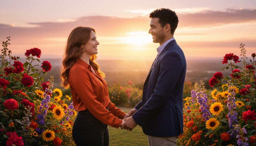 A harmonious scene depicting an Aries couple, characterized by strong camaraderie and ambition. In the foreground, a woman and a man, both dressed in smart casual attire, hold hands, gazing into each other’s eyes with a spirited spark. The woman has flowing hair and a confident smile, while the man showcases an approachable demeanor. In the middle ground, a lush garden filled with vibrant flowers symbolizes their passionate connection, surrounded by soft, natural lighting that enhances warmth and optimism. The background features a serene sunset sky painted in shades of orange and pink, casting a gentle glow over the scene. This image captures the essence of compatibility and dynamic energy, reflecting the unique bond shared by Aries partners.