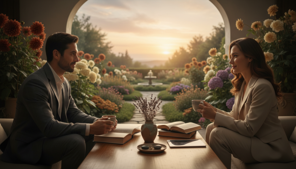 A harmonious scene depicting the astrological compatibility of Virgo in marriage. In the foreground, a serene couple dressed in professional business attire, engaged in a thoughtful conversation over a coffee table, symbolizing their strong connection and mutual understanding. In the middle ground, a beautiful garden setting with blooming flowers in Virgo colors—earth tones, soft greens, and subtle purples—representing stability and growth. The background features a soft sunset glow providing warm, ambient lighting, enhancing the mood of intimacy and trust. Capture the essence of balance and support, with a soft focus on the couple and a slightly blurred background to emphasize their interaction. The overall atmosphere should feel tranquil and enlightening, illustrating both the strength and challenges of Virgo partnerships.