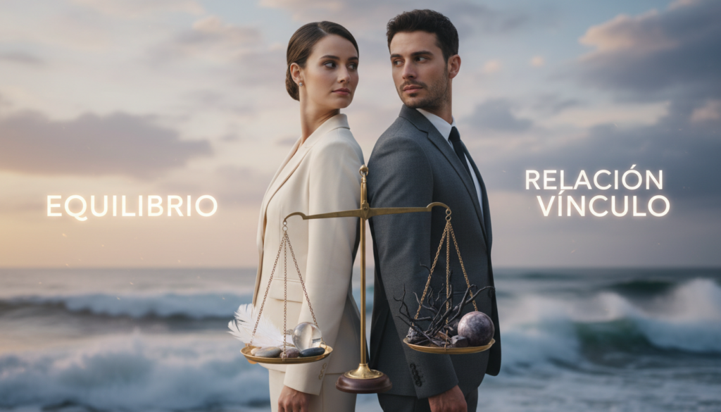A harmonious yet contrasting scene depicting the balance of relationships, symbolizing "equilibrio relación vínculo." The foreground features two individuals in professional attire, standing back-to-back, with their expressions reflecting both attraction and tension. The middle ground includes a delicate scale balancing light and dark objects, representing their contrasting traits and how they attract yet disrupt each other. The background showcases a blurred, dreamlike landscape that includes elements of both a serene sky and turbulent waves, symbolizing the complexities of Virgo relationships. Soft, natural lighting bathes the scene, with a shallow depth of field that emphasizes the individuals. The overall mood conveys a sense of delicate balance, highlighting the intricate dance of attraction and destruction.