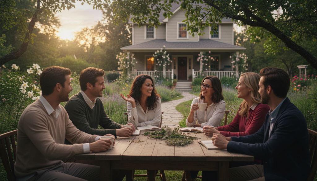 A heartfelt scene illustrating the essence of Virgo in friendship and family. In the foreground, a close-knit group of diverse friends gathered around a cozy wooden table, sharing laughter and meaningful conversations. Each friend, dressed in comfortable yet professional attire, showcases various expressions of joy and thoughtfulness, highlighting their strong bonds. In the middle, a lush garden encapsulates the warmth of friendships, with soft sunlight filtering through the leaves, creating a tranquil atmosphere. The background features a serene family home, plants in bloom, and hints of evening twilight, enhancing a mood of nostalgia and connection. The lighting is soft and warm, capturing the essence of companionship, with a shallow depth of field to focus on the group, evoking feelings of trust and lasting memories.