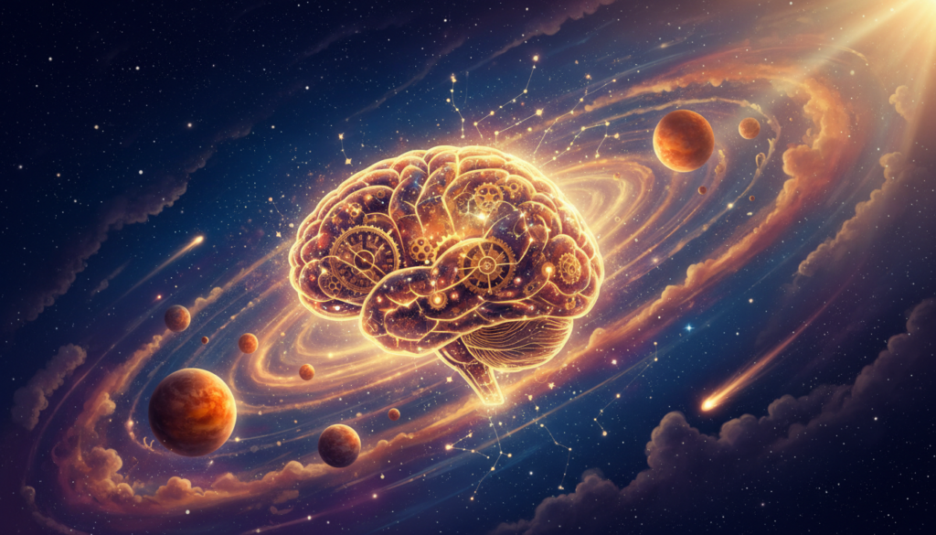 A luminous and ethereal depiction of the concept of "mente," surrounded by celestial motifs. In the foreground, a glowing brain radiates golden light, symbolizing intellect and insight, with intricate gears and stars interwoven into its structure. The middle ground features vibrant planets in shades of orange and yellow, representing Leo, with swirling cosmic patterns that evoke movement and energy. The background consists of a starry night sky, deep blue with hints of purple, enhancing the mystique. Soft beams of sunlight break through, casting a warm and uplifting atmosphere. The composition is framed with a slight upward angle, drawing the viewer's eye toward the cosmic elements and symbolizing ascension and enlightenment. The image should evoke feelings of inspiration, creativity, and spiritual awakening.