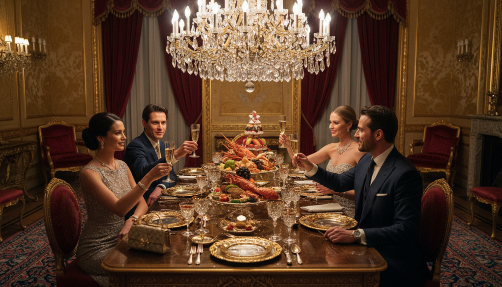 A luxurious setting depicting excessive consumption and opulence, with a lavish dining table adorned with extravagant gold and crystal tableware. In the foreground, elegantly dressed individuals in professional business attire gather, showcasing their high-end fashion and accessories as they toast with sparkling champagne. In the middle ground, sumptuous food platters overflow with delicacies, accompanied by an ornate chandelier emitting warm, inviting light. The background features an opulent room with gilded furnishings, plush velvet drapes, and rich, deep colors that create a sense of both grandeur and excess. The mood evokes both allure and a hint of excess, highlighting the thin line between luxury and ostentation, captured with a soft-focus lens to enhance the intimate atmosphere of indulgence. A luxurious setting depicting excessive consumption and opulence, with a lavish dining table adorned with extravagant gold and crystal tableware. In the foreground, elegantly dressed individuals in professional business attire gather, showcasing their high-end fashion and accessories as they toast with sparkling champagne. In the middle ground, sumptuous food platters overflow with delicacies, accompanied by an ornate chandelier emitting warm, inviting light. The background features an opulent room with gilded furnishings, plush velvet drapes, and rich, deep colors that create a sense of both grandeur and excess. The mood evokes both allure and a hint of excess, highlighting the thin line between luxury and ostentation, captured with a soft-focus lens to enhance the intimate atmosphere of indulgence.