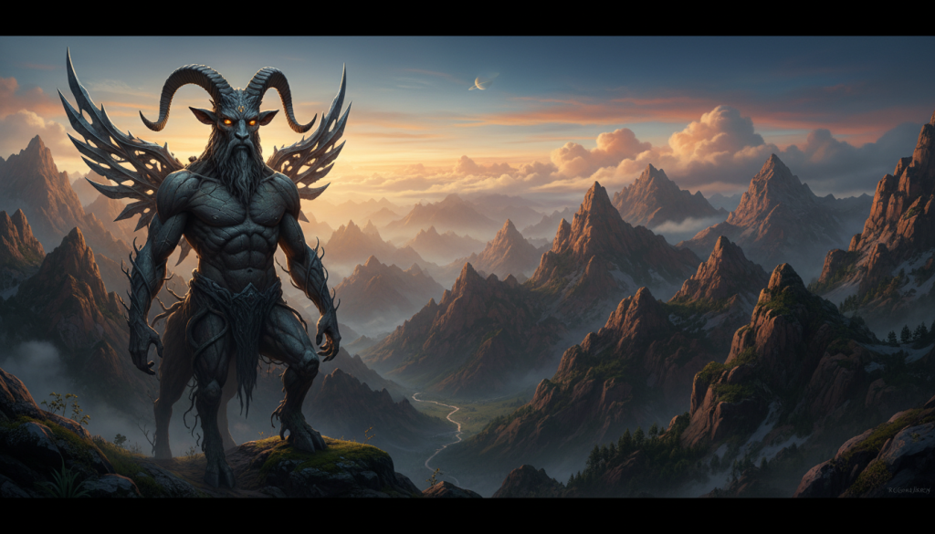 A majestic Capricorn figure stands resolutely at the forefront, embodying the essence of earthiness, strength, and ambition. Its deep-set eyes reflect wisdom and determination, symbolizing the connection to Saturn and the quest for security. In the middle ground, a rugged landscape of rocky mountains and earthy terrain embodies the challenges and responsibilities of Capricorn, illuminated by soft, golden sunlight filtering through gently rolling clouds. The background features a tranquil sky, transitioning from deep blues to warm oranges, evoking a sense of calm and stability. The mood is contemplative and introspective, capturing the karmic journey of Capricorn. Utilize a wide-angle lens to accentuate the vastness of the landscape and create a sense of depth, while ensuring highly detailed textures in both foreground and background elements.